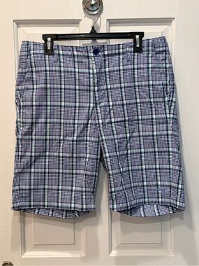 Tommy Bahama Deltona Plaid Gray Green 10-Inch Shorts Size 34 StretchGolf Casual